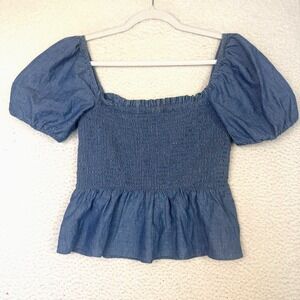 J.Crew Blouse Womens Small Blue Smocked Square Neck Puff Sleeve Peplum Cottage